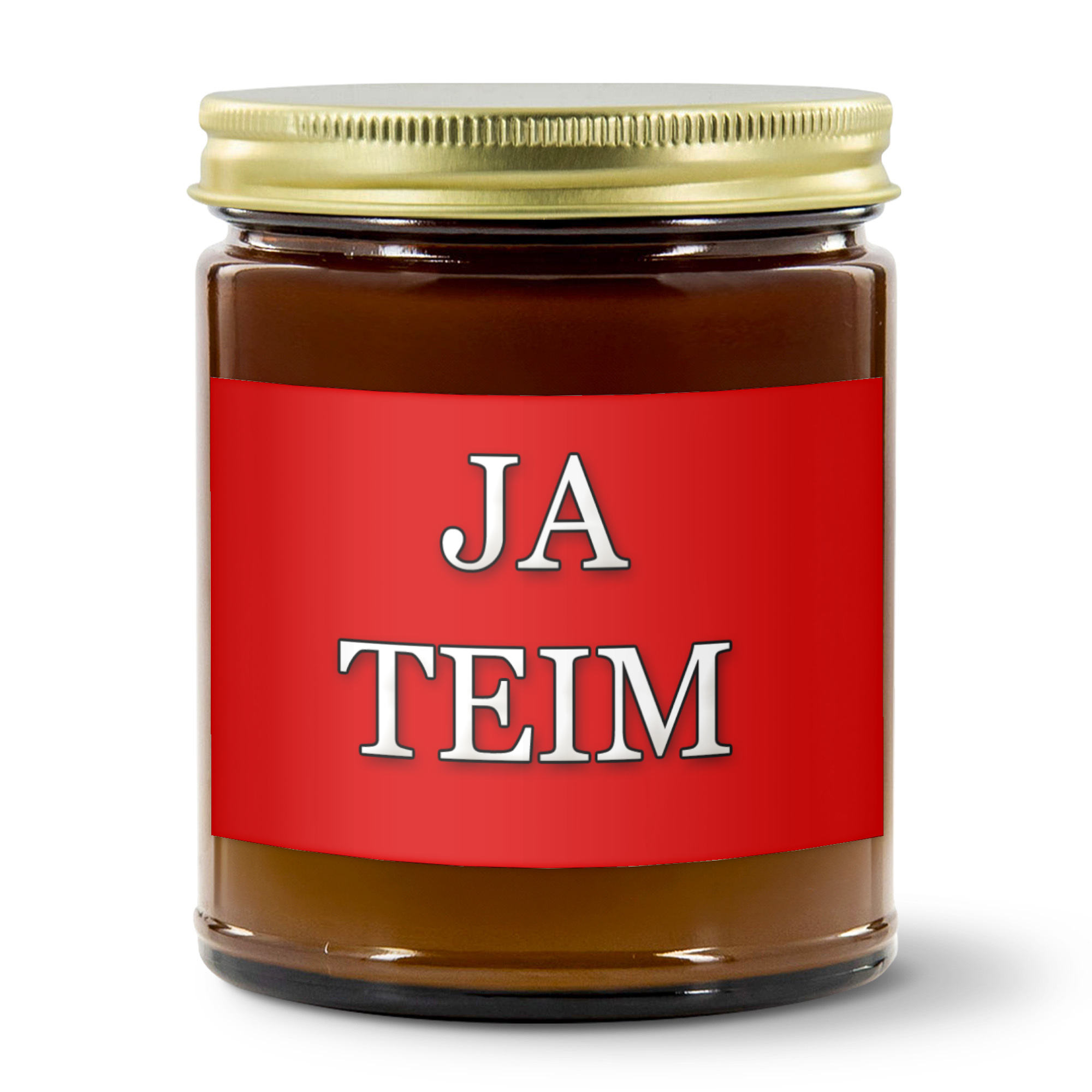 JA TEIM 9oz Amber Jar Candle | 3"x2" White Label | Gold Lid